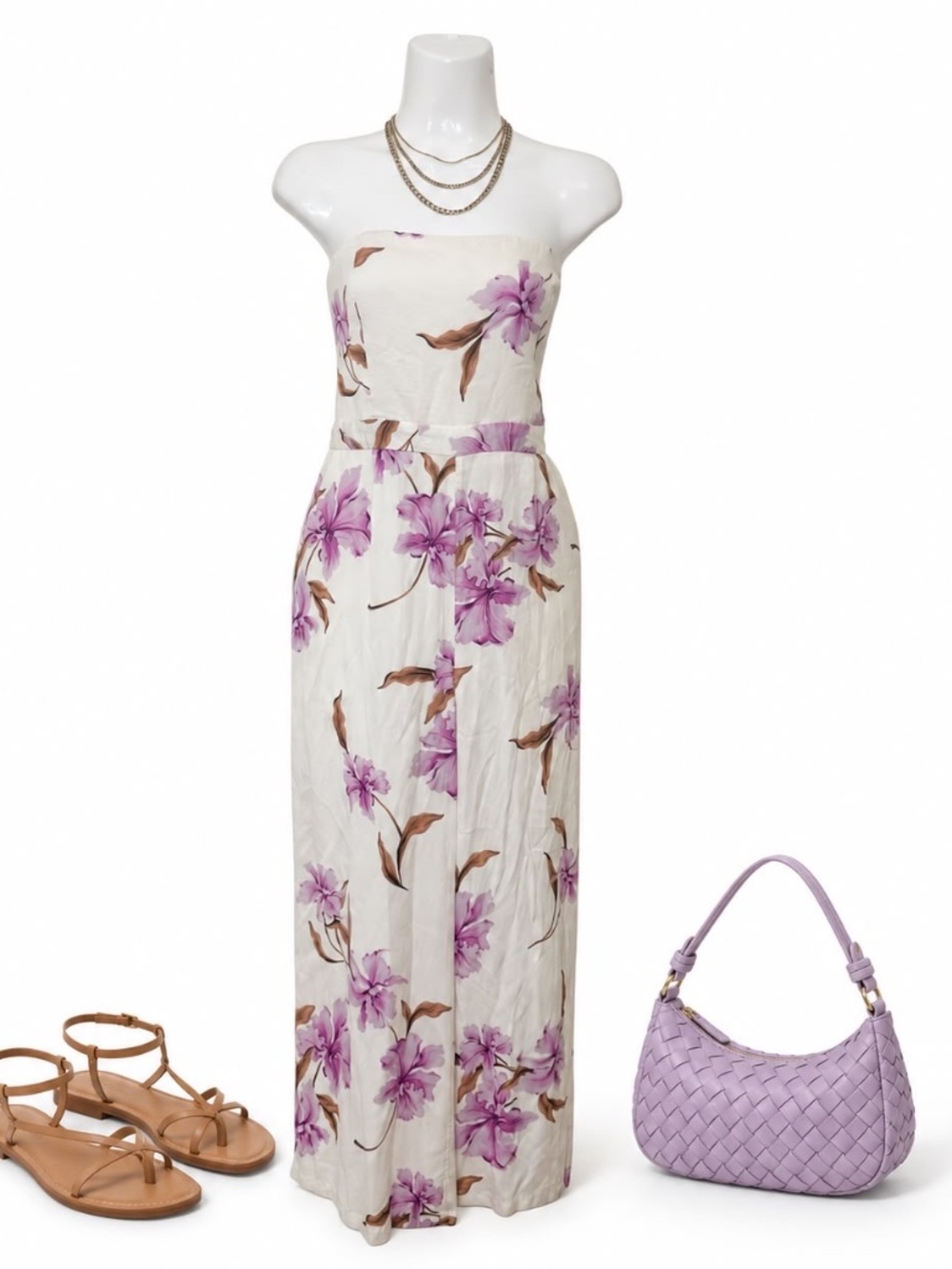 Bardot Ivory Purple Floral Strapless Cutout Maxi Dress US 10 Large